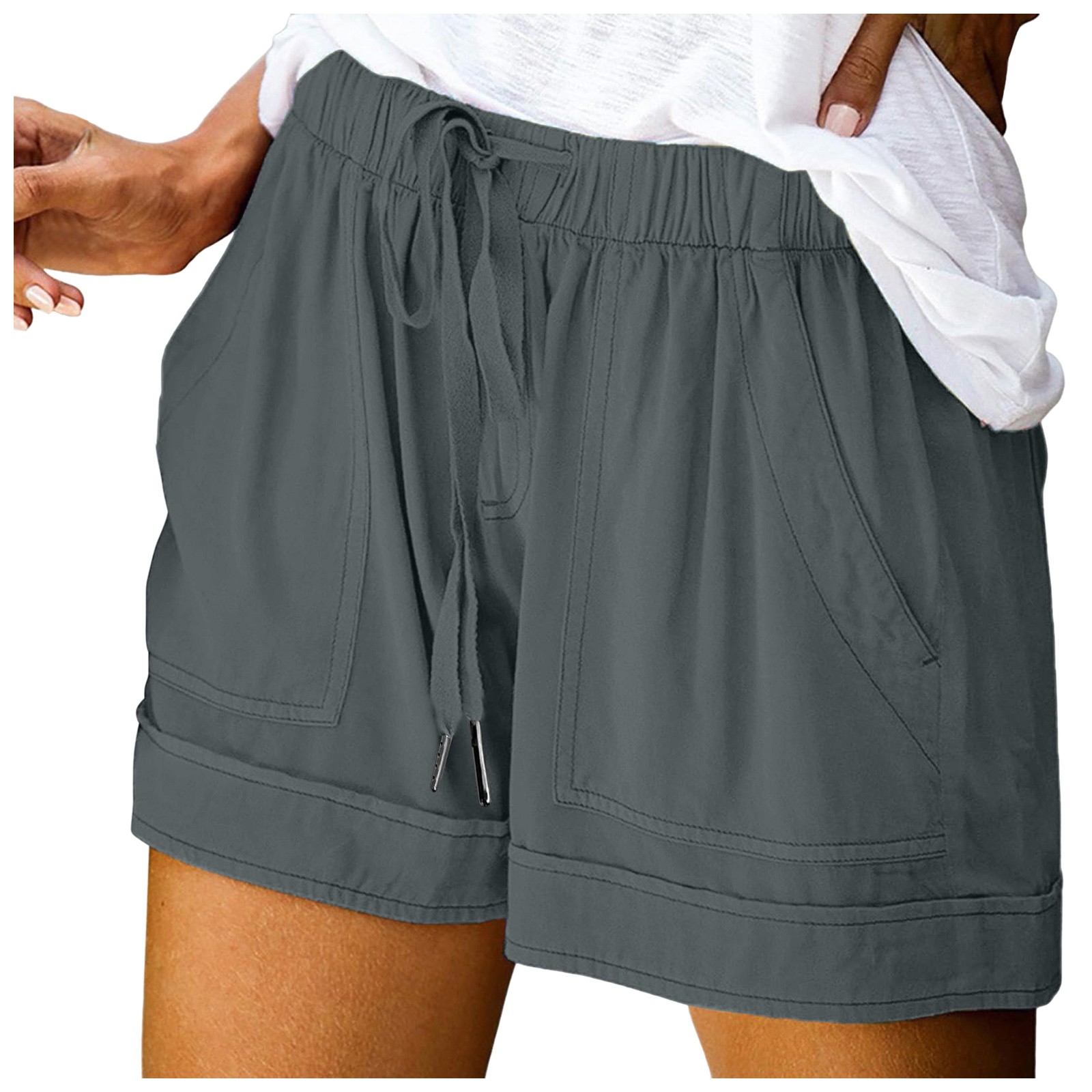 thumbnail image 2 of Pantalones cortos de talla grande para mujer - Pantalones cortos con cordón para playa de verano 2025 con bolsillos, cintura alta, corte holgado, algodón/poliéster, oficina/fiesta/vacaciones, 2 of 7